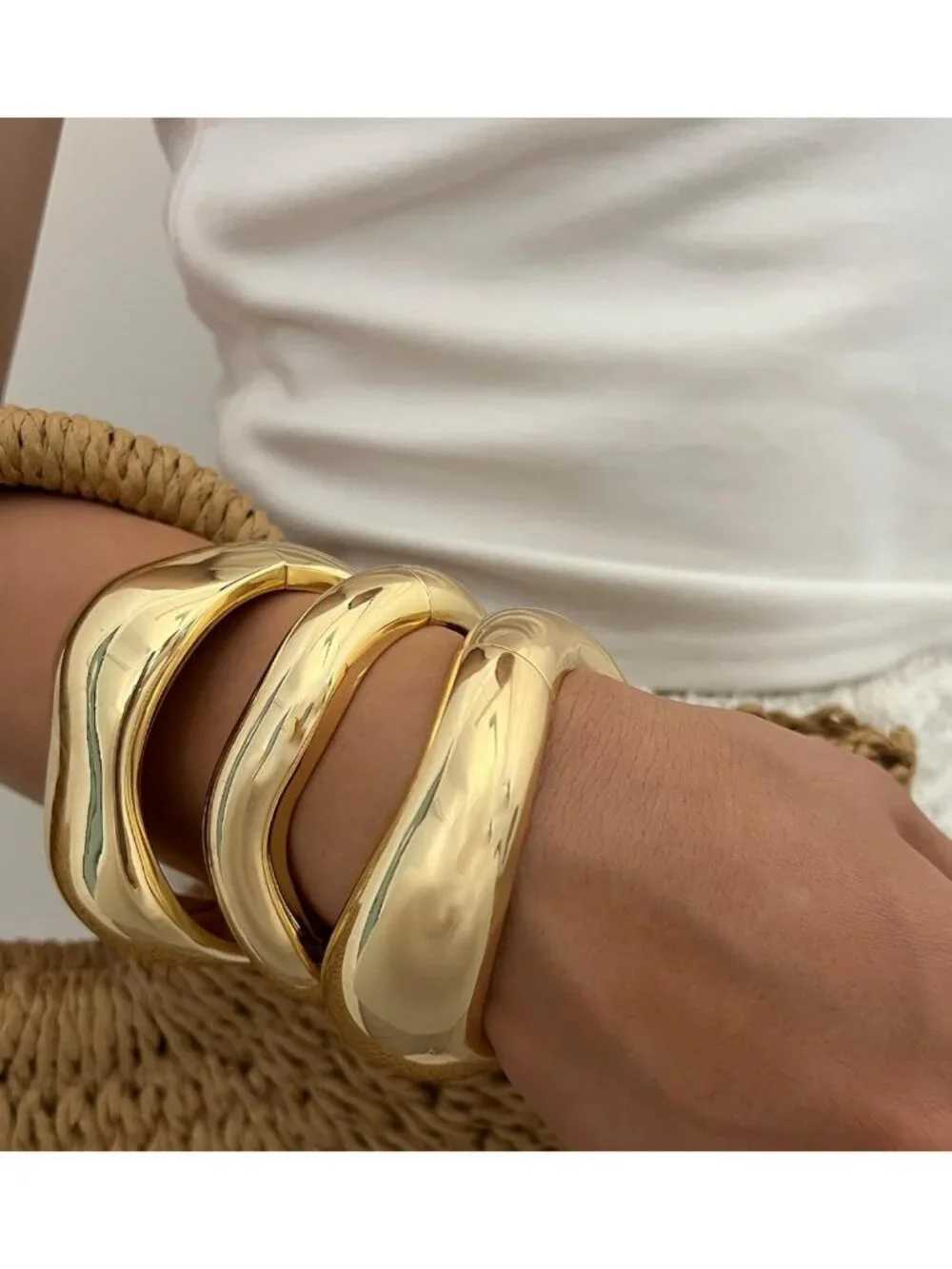 Trendy Chunky Gold Bangle Bracelets Set, 14k Plated Cuff Stackable Jewelry Gifts